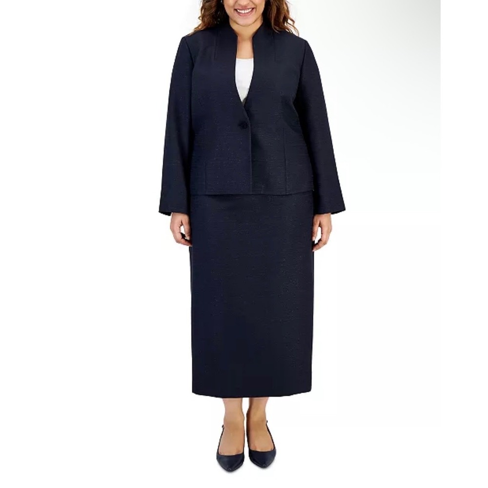 Le Suit Woman Navy Blue Metallic Skirt Suit 16W Wing Collar Blazer Set NWT
